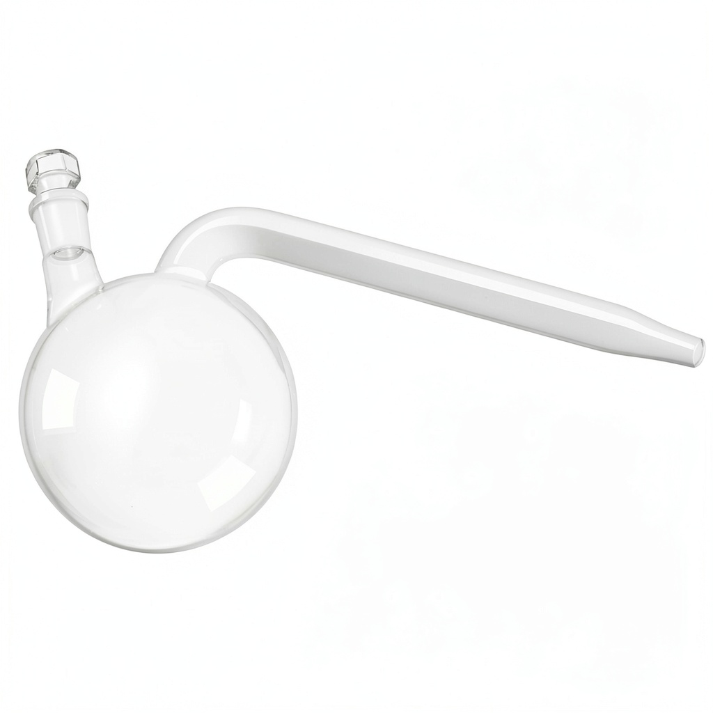 NANSHIN distillation flask showing borosilicate glass construction and 220mm arm