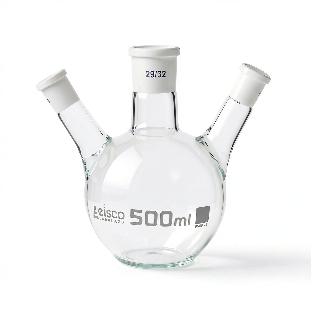 Eisco distillation flask showing three angled necks and borosilicate glass construction