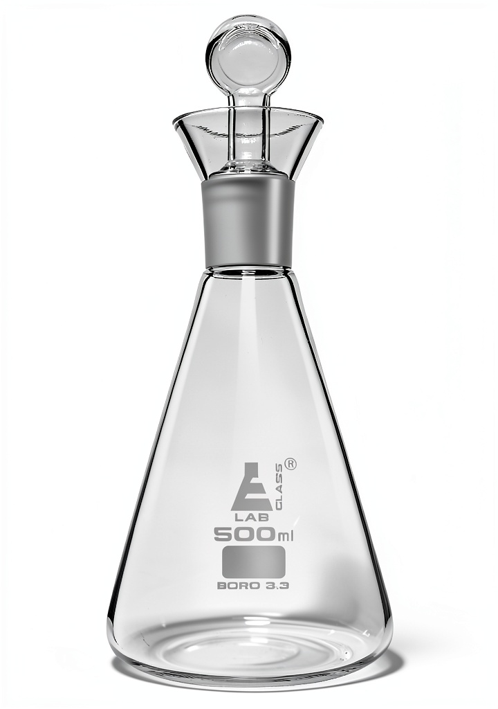 Eisco 500ml distillation flask with stopper on lab bench