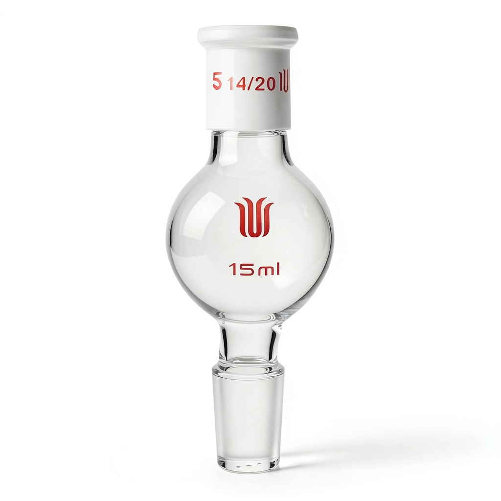 Kemtech America 25mL distillation flask with 14/20 joint displayed on lab bench