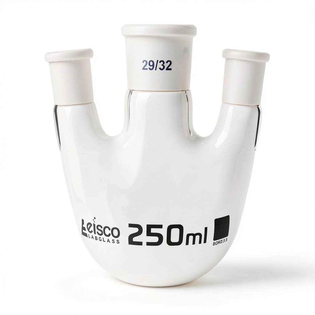 Eisco distillation flask showing three parallel necks and borosilicate glass construction
