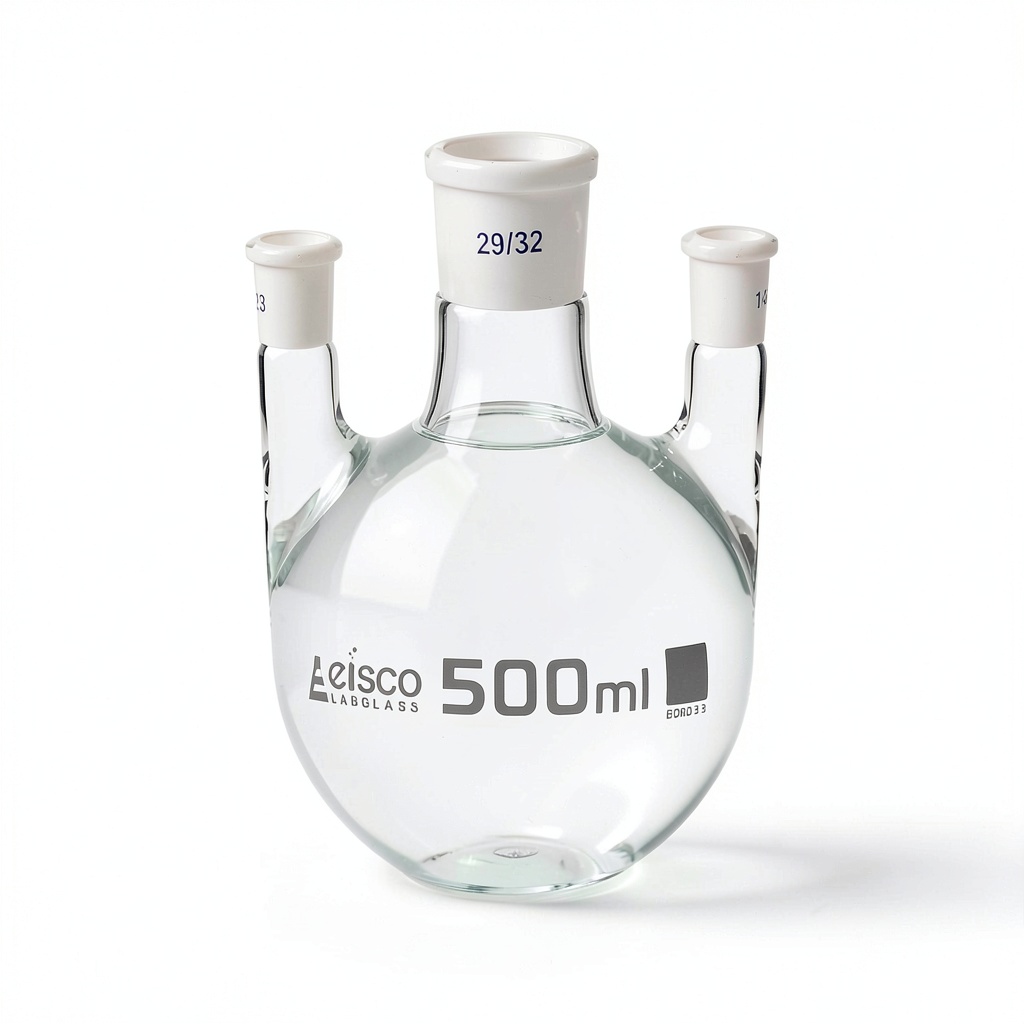 Eisco 500ml distillation flask with three necks on a lab bench